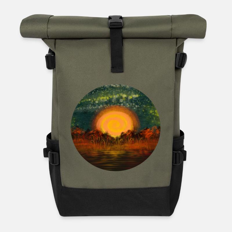 Circle of the sun on the water - Roll Top Backpack - olive/black
