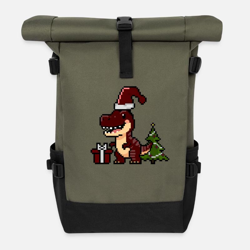 Pixel Dino Weihnachtsdino - Rolltop Rucksack - Olive/Schwarz