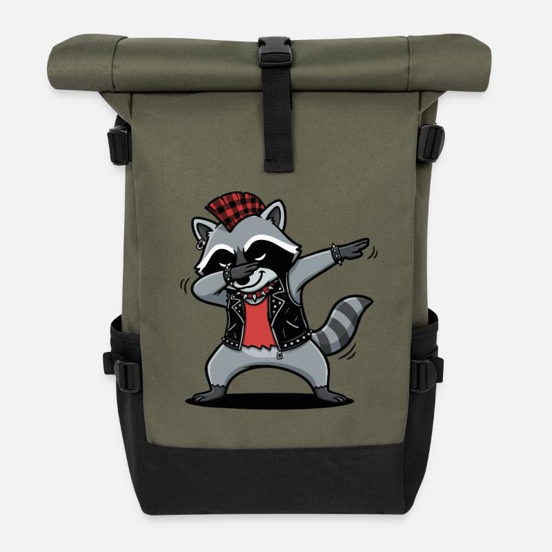 Punkrock Waschbär – DAB Move im Comic Style - Rolltop Rucksack - Olive/Schwarz