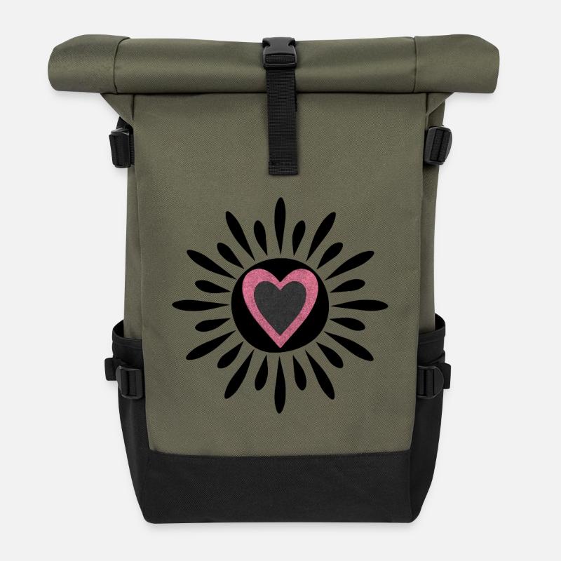 Rosafarbenes Herz mit schwarzem Glitzer - Rolltop Rucksack - Olive/Schwarz