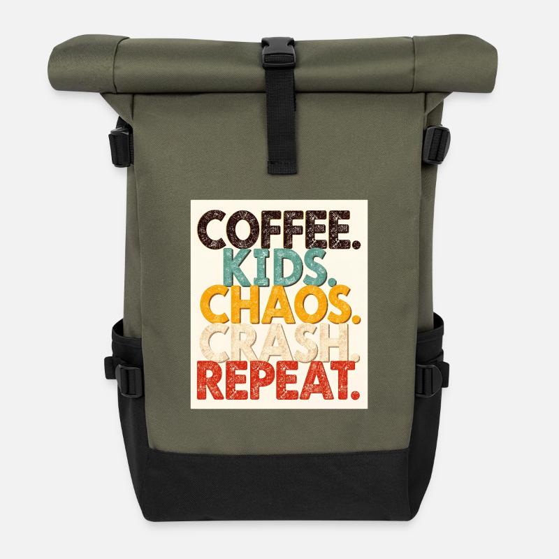 Coffee Kids Chaos Crash Repeat - Roll Top Backpack - olive/black