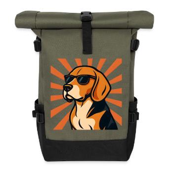 Beagle Hund mit Retro Sonnenbrille - Rolltop Rucksack - Olive/Schwarz - Vorne