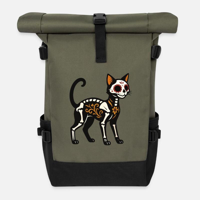 Dia de Muertos Skeletkatze - Rolltop Rucksack - Olive/Schwarz