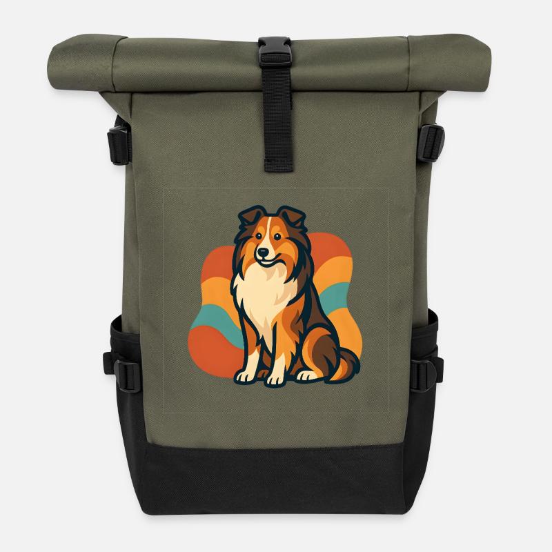 Lebhafter Shetland-Schäferhund Sunburst - Rolltop Rucksack - Olive/Schwarz