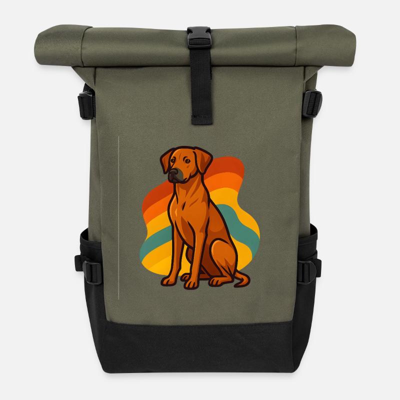 Retro Rhodesian Ridgeback Hund - Rolltop Rucksack - Olive/Schwarz