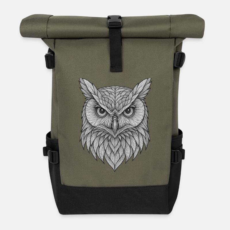 Blattfedern Eulenkopf - Rolltop Rucksack - Olive/Schwarz