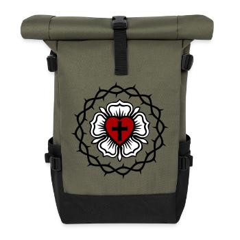 Lutheran rose and Crown of thorns - Roll Top Backpack - olive/black - Front