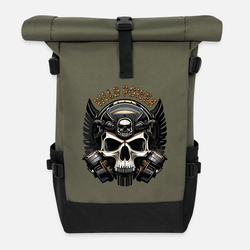 Wild Power Skull Biker Emblem - Rolltop Rucksack - Olive/Schwarz
