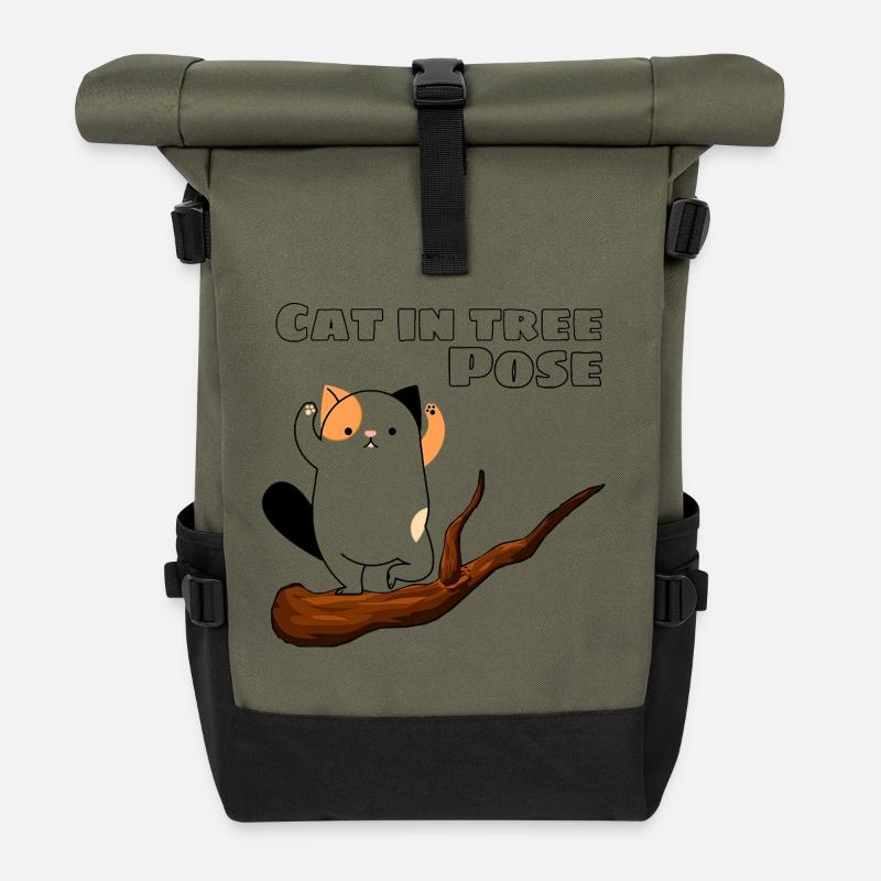 Cat in Tree Pose - Roll Top Backpack - olive/black