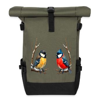 Twin Songbirds in Winter - Roll Top Backpack - olive/black - Front