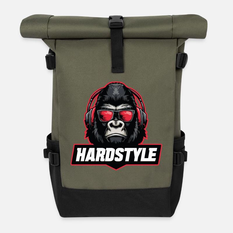 Hardstyle Gorilla – Musik Design mit Kopfhörern - Rolltop Rucksack - Olive/Schwarz