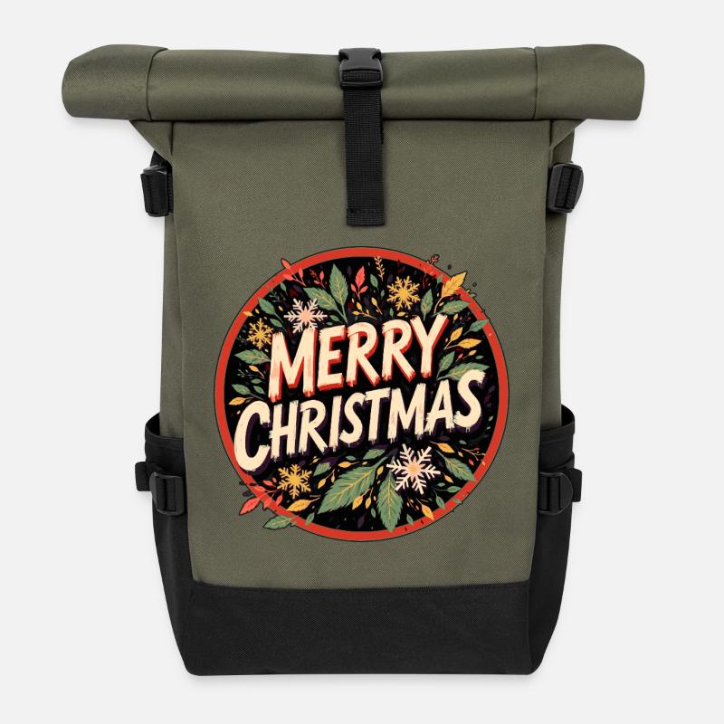 Merry Christmas Retro Design in Vintage Look - Roll Top Backpack - olive/black