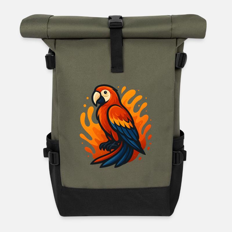 Fire Flaming Macaw Parrot Illustration - Roll Top Backpack - olive/black