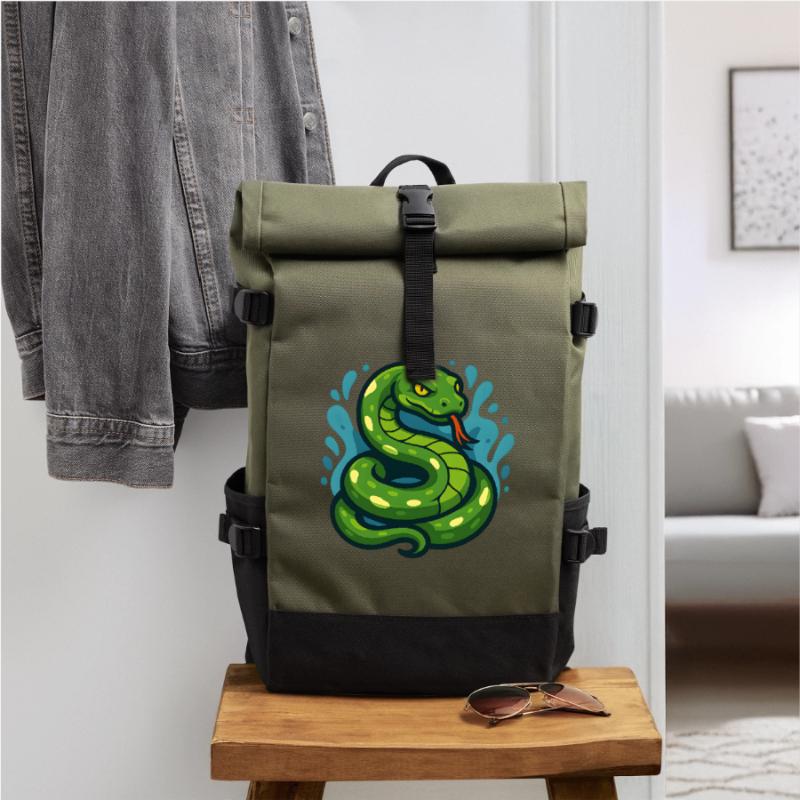 Green Tree Python Snake in Wave Roll Top Backpack