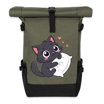 Cuddly Black Kitten on Pillow - Roll Top Backpack - olive/black - Front