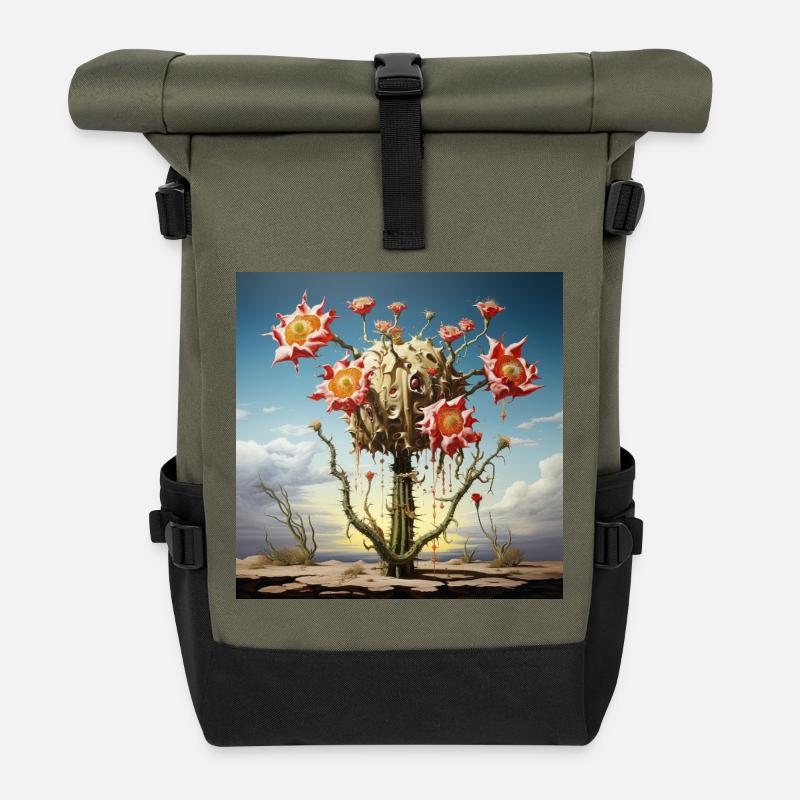 S surrealer Kaktus mit riesigen Blüten - Rolltop Rucksack - Olive/Schwarz