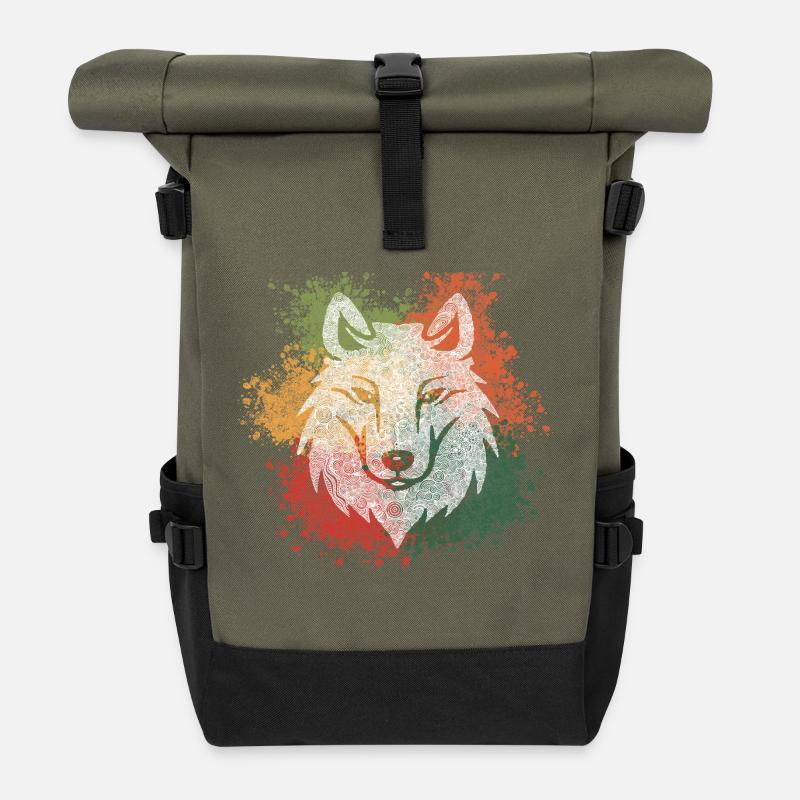 Zentangle Wolf - Roll Top Backpack - olive/black