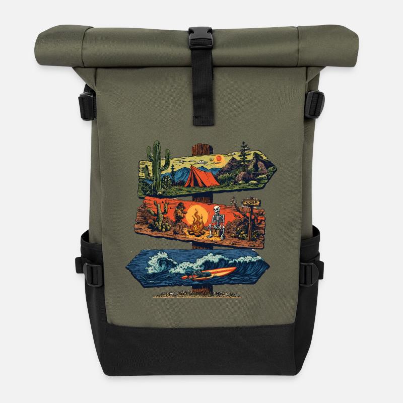 Adventure Signpost – Camping, Wüste & Surfen - Rolltop Rucksack - Olive/Schwarz