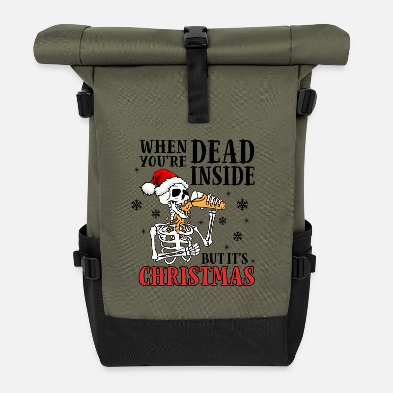 Un squelette chante Noël avec un chapeau de Père Noël - Sac à dos roll top - olive/noir