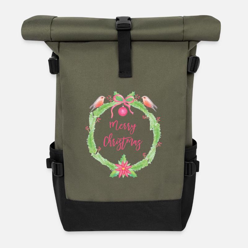 Festliches Weihnachtskranz Merry Christmas - Rolltop Rucksack - Olive/Schwarz
