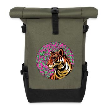 Tiger in pink foliage - Roll Top Backpack - olive/black - Front