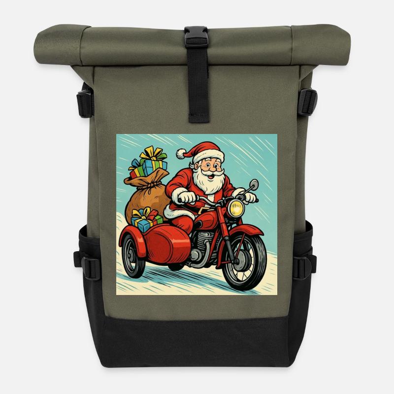Santa Claus on a Motorcycle with Sidecar – Comics Style - Roll Top Backpack - olive/black