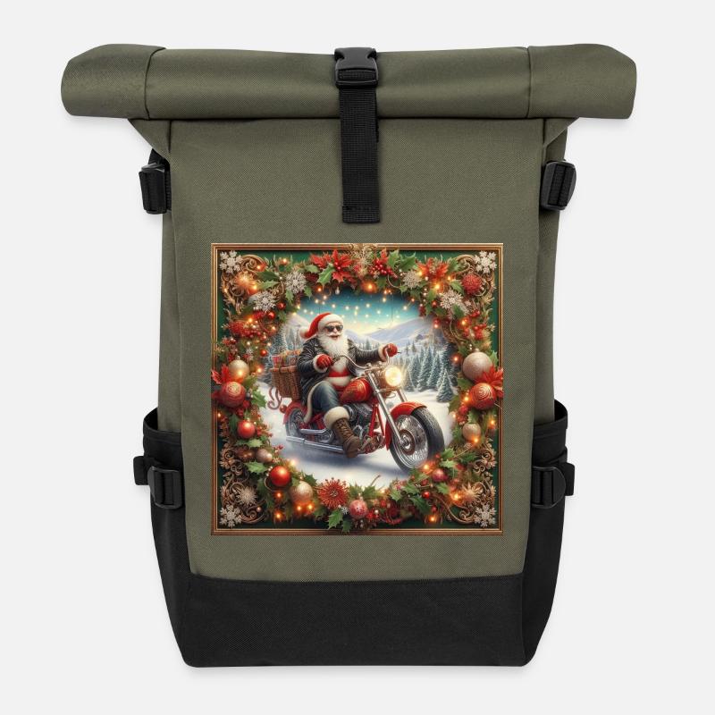 Weihnachtsmann auf einem gerahmten Motorrad - Rolltop Rucksack - Olive/Schwarz