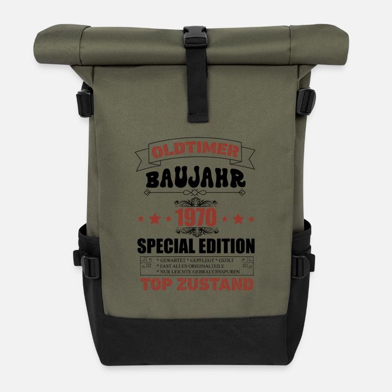 Oldtimer Baujahr 1970 Geburtstag Original Teile - Rolltop Rucksack - Olive/Schwarz