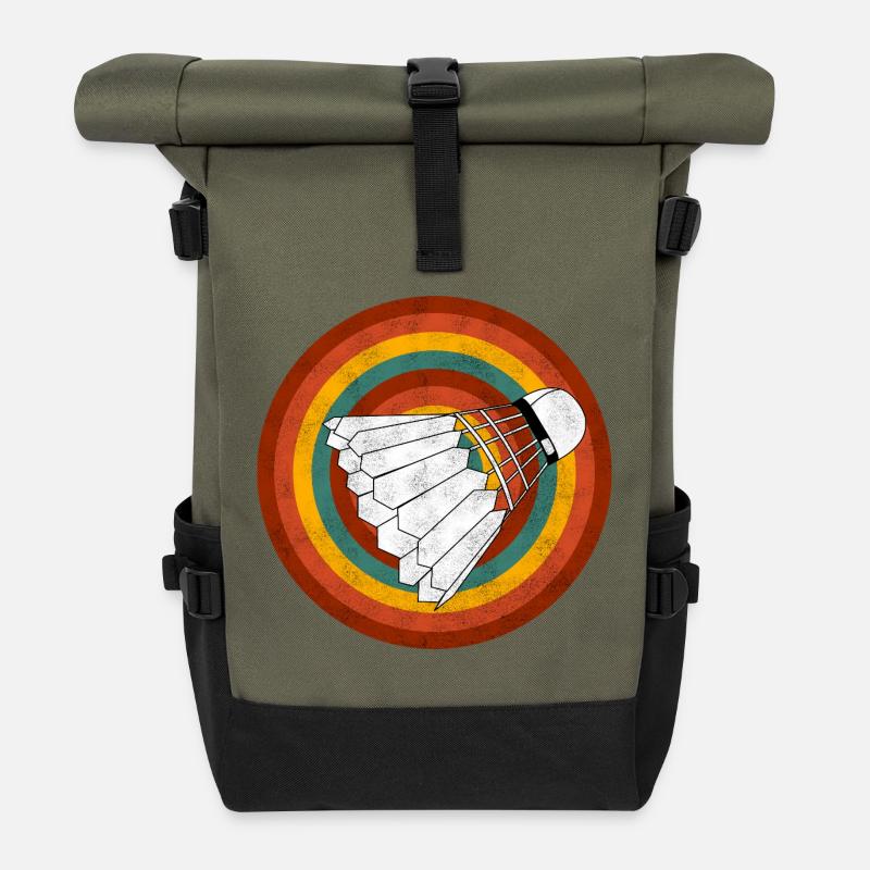 Retro Shuttlecock Neon Rings - Roll Top Backpack - olive/black