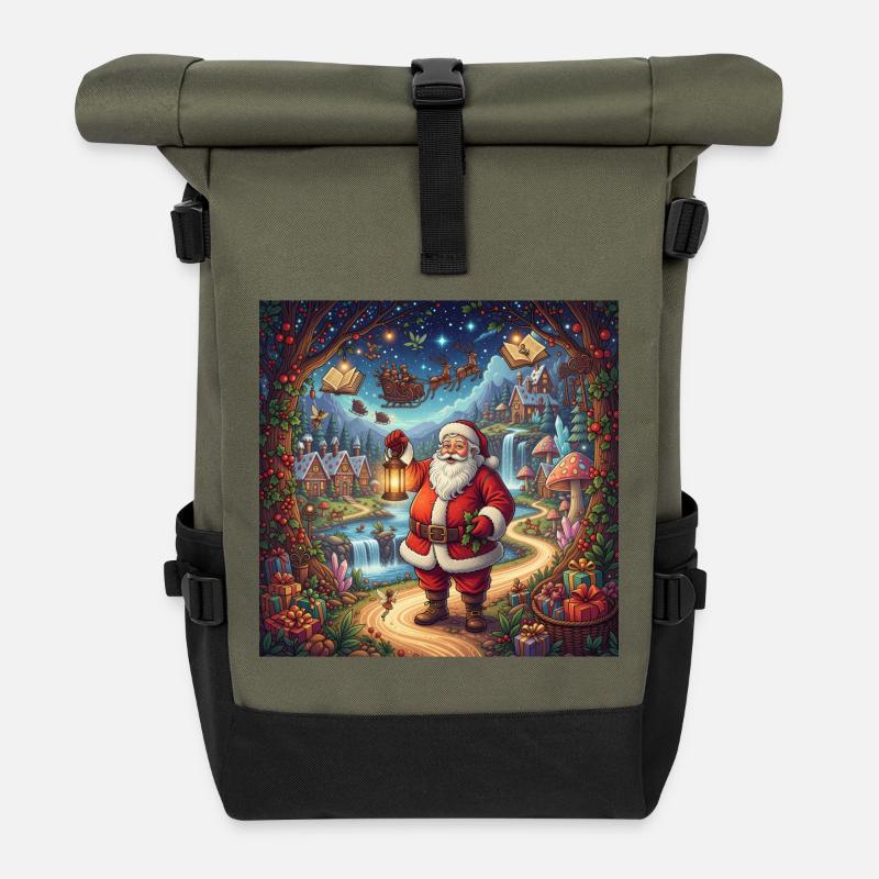 Santa's Enchanted Winter Village - Roll Top Backpack - olive/black