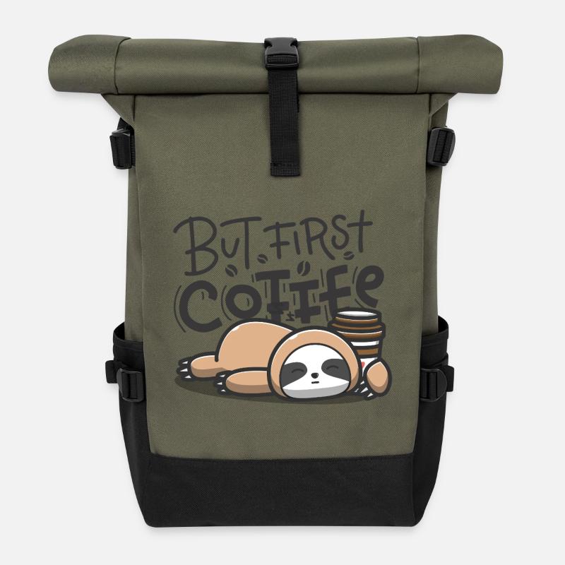 But First Coffee Sleeping Sloth - Roll Top Backpack - olive/black