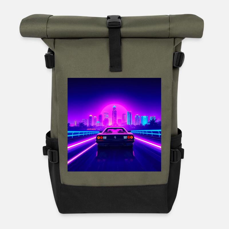 Neon Skyline and Retro Convertible - Roll Top Backpack - olive/black