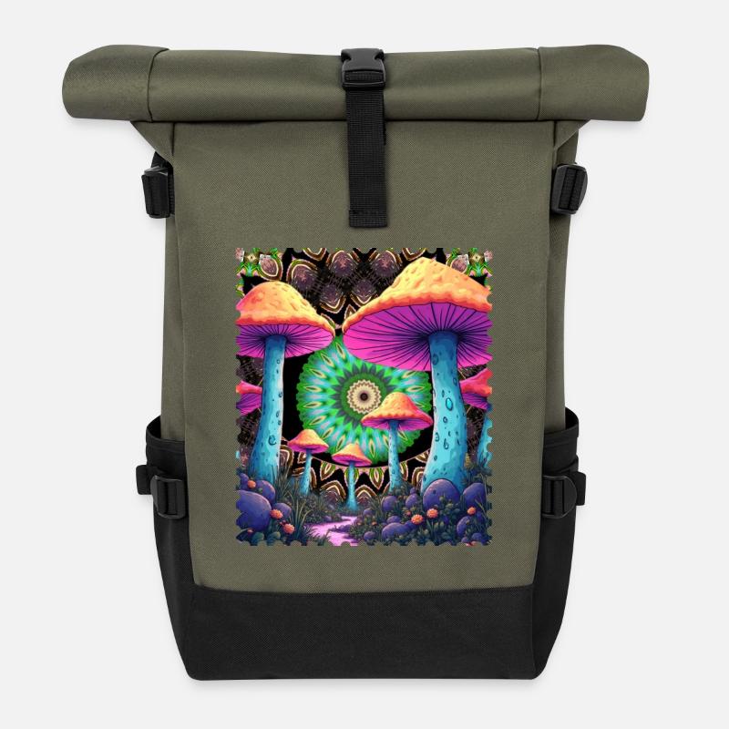 Psychedelic mushrooms in the mandala forest - Roll Top Backpack - olive/black