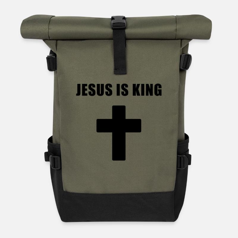 Jesus Is King Minimal Cross Design - Rolltop Rucksack - Olive/Schwarz