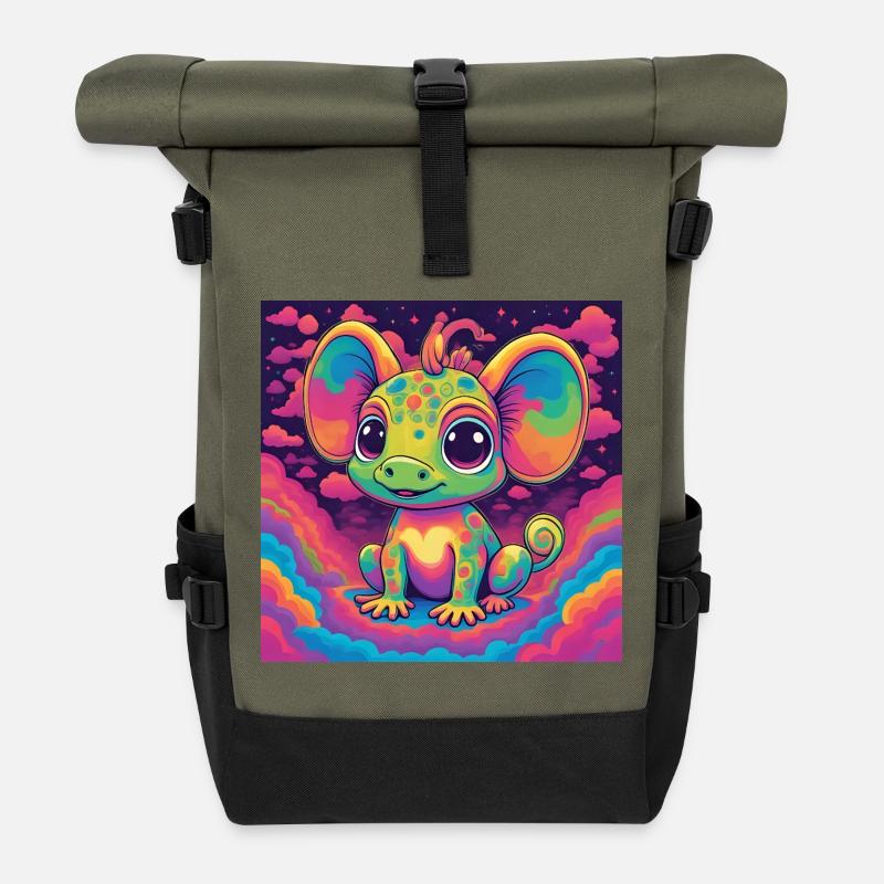 Kawaii Regenbogen-Dinosaurier - Rolltop Rucksack - Olive/Schwarz