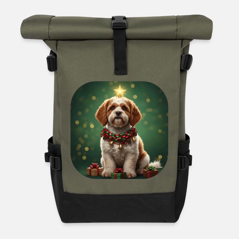 Sternenklare Weihnachten Spinone-Welpe mit Glocke - Rolltop Rucksack - Olive/Schwarz