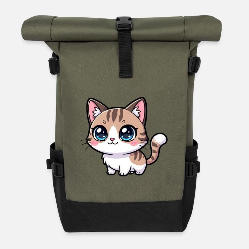 Kawaii Tabby-Kätzchen Großäugig - Rolltop Rucksack - Olive/Schwarz