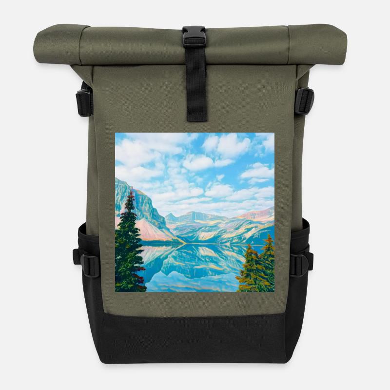 Sky blue mountain lake reflection - Roll Top Backpack - olive/black
