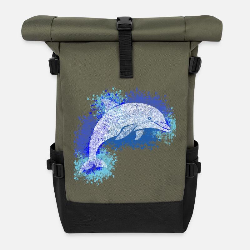 Zentangle Dolphin - Roll Top Backpack - olive/black