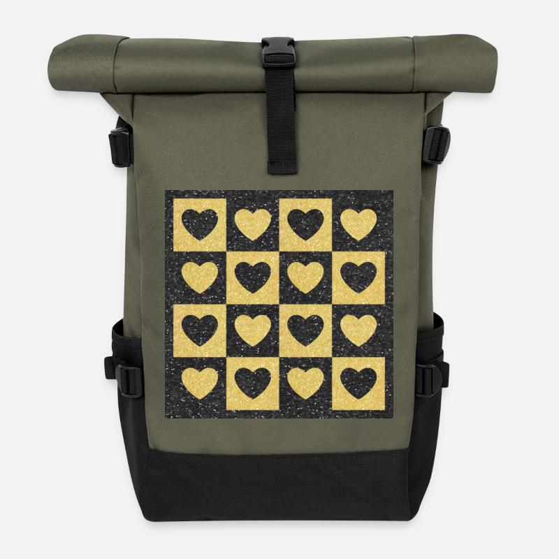 Checkerboard Golden Hearts on Black Glitter - Roll Top Backpack - olive/black