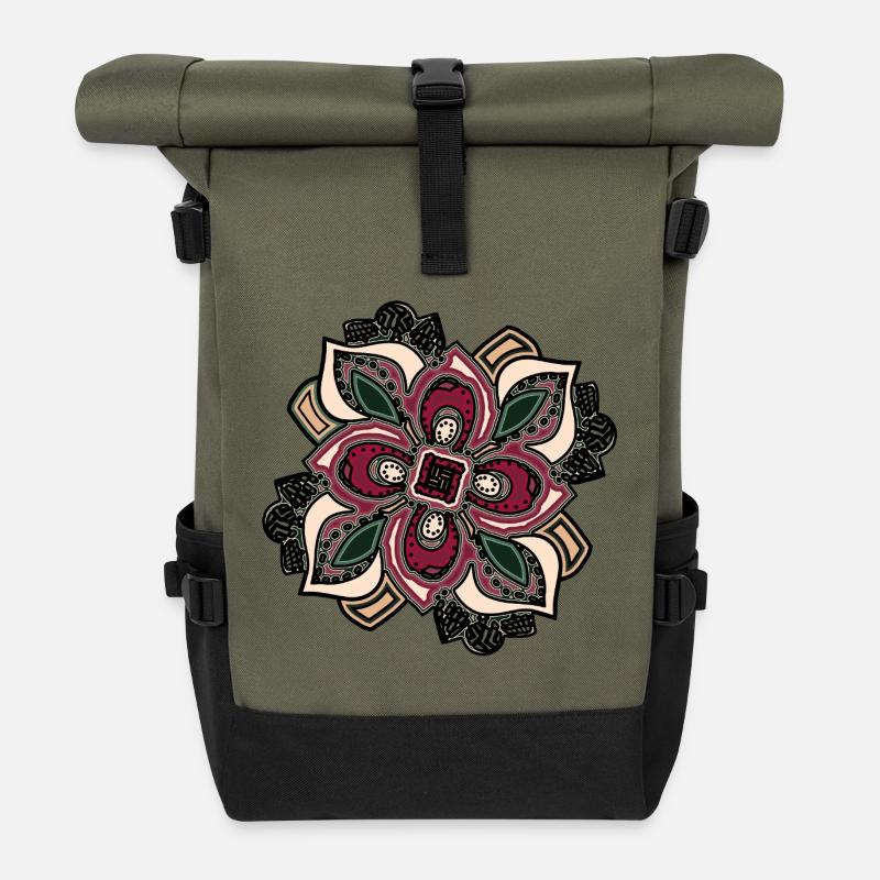 Boho Mandala Blossom Rose Vert - Sac à dos roll top - olive/noir