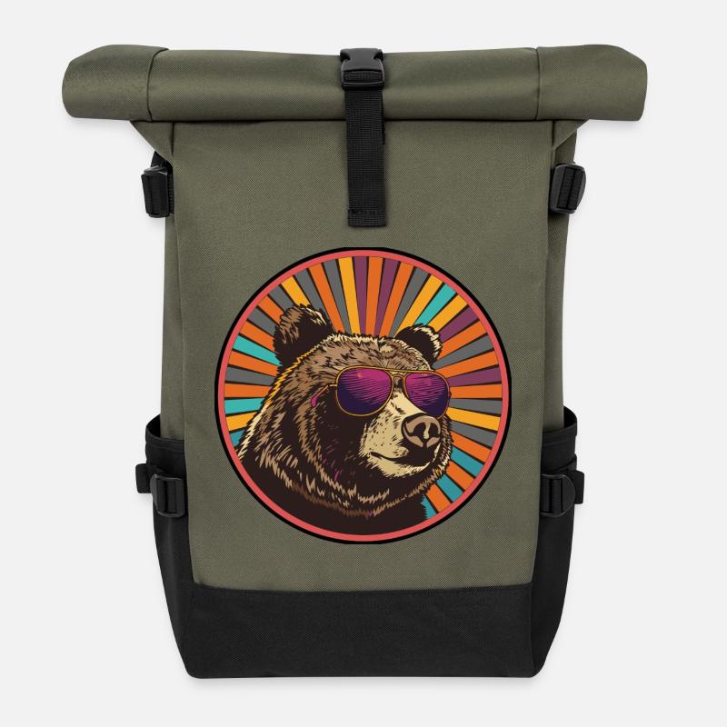 Bär mit Retro-Sonnenbrille - Rolltop Rucksack - Olive/Schwarz