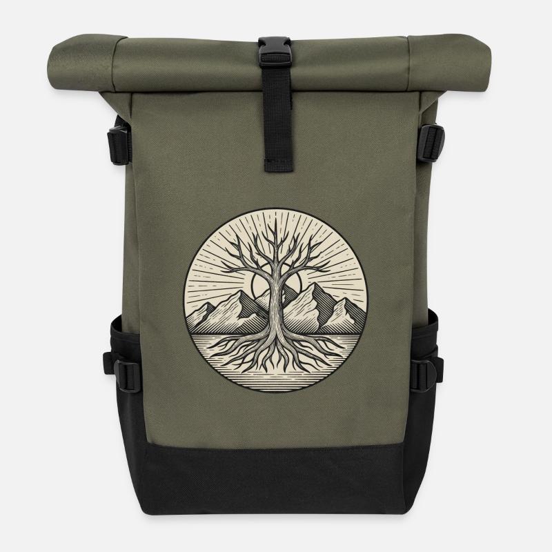Baum des Lebens - Rolltop Rucksack - Olive/Schwarz