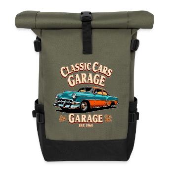 Classic Cars Garage Print - Roll Top Backpack - olive/black - Front