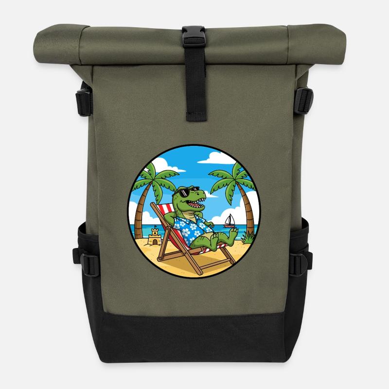 Coole Dinosaurier-Strandferien-Sommervibes - Rolltop Rucksack - Olive/Schwarz