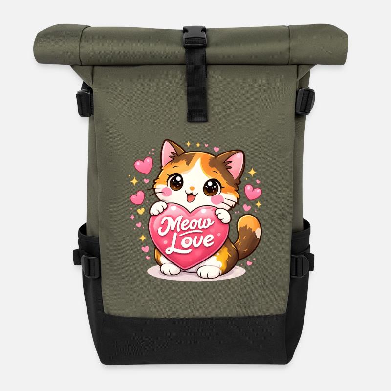 Süßes Kätzchen mit Herz – Kawaii Cat Love - Rolltop Rucksack - Olive/Schwarz