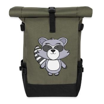 Cute Raccoon Kawaii Trash Panda Cartoon Animal  - Roll Top Backpack - olive/black - Front