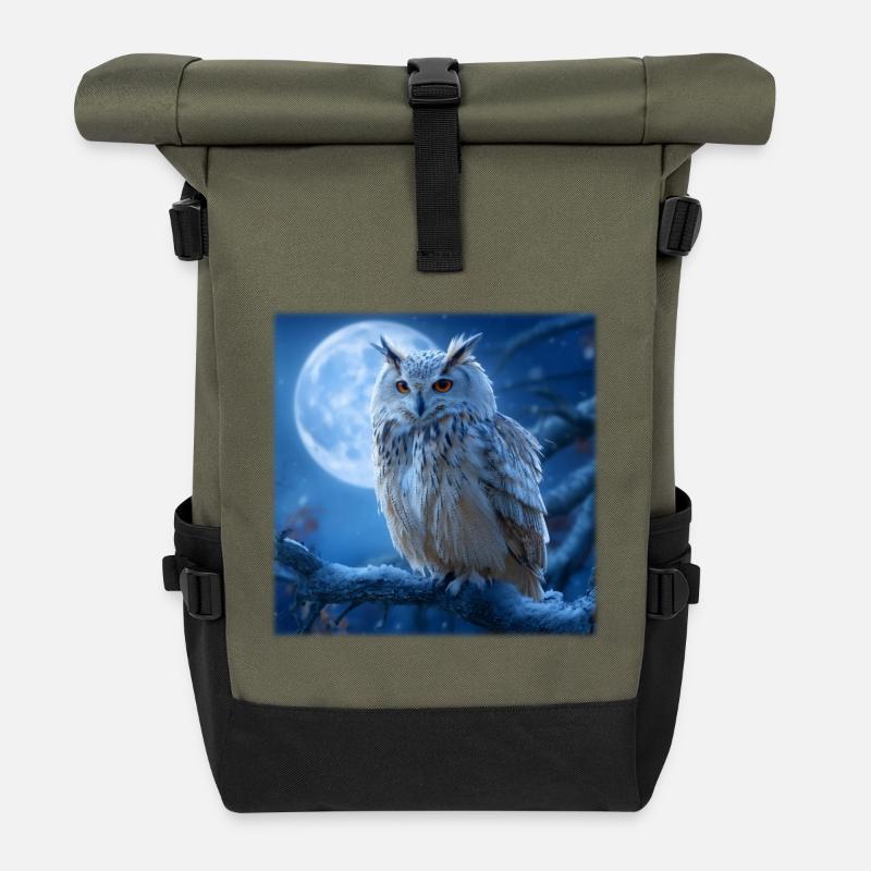 Snowy Owl in the Full Moon: Magical Winter Night - Roll Top Backpack - olive/black