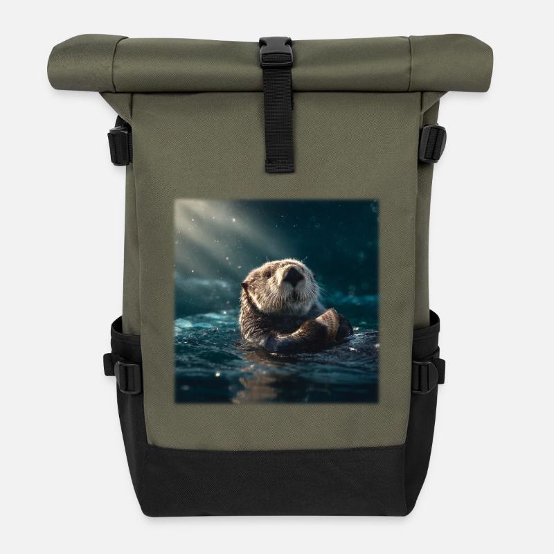Sea Otter: Relaxing on the Water with a Shell - Roll Top Backpack - olive/black