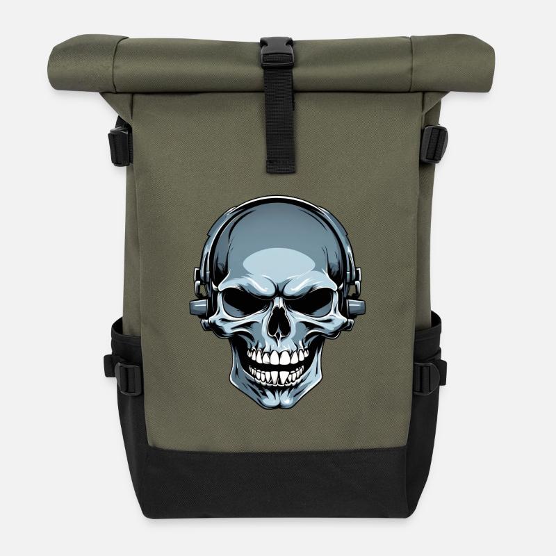 Skull with headphones illustration - Roll Top Backpack - olive/black